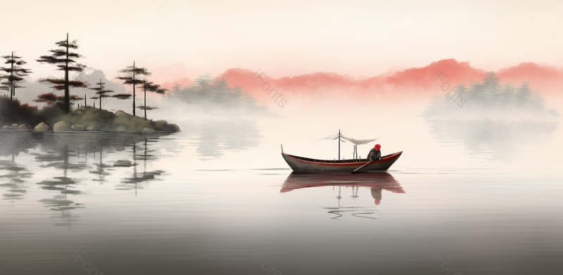 水雾远处山峦船只摇曳手绘中国风意境水墨山水风景画,插画/手绘图,插画/手绘图库,插画/手绘图下载,插画/手绘